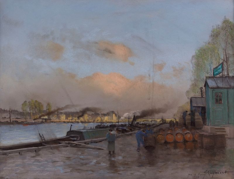 Landscape of Le quai de Bercy by Emile Cagniart, oil painting depicting a sunset over the River Seine.
