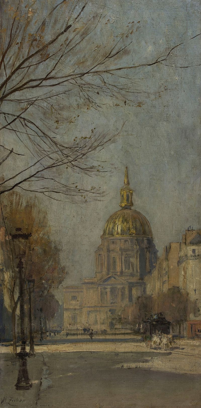 Boulevard des Invalides, oil on canvas by Henri Zuber, depicting trees and crumbling architecture.