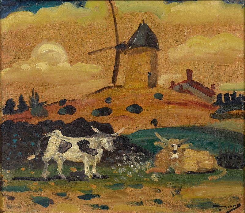 Moulin et deux vaches by André Derain, depicting cows under a vibrant sky, unknown medium