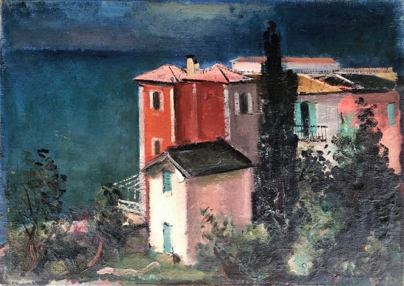 Torbole am Gardasee de Otto Geigenberger, óleo sobre tela que retrata um lago tranquilo ao entardecer.