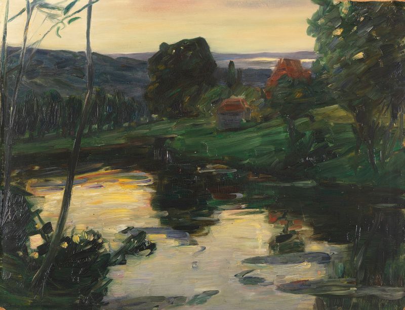 Landschaft an den Osterseen by Leo Putz, oil on canvas depicting a serene lake and lush foliage.