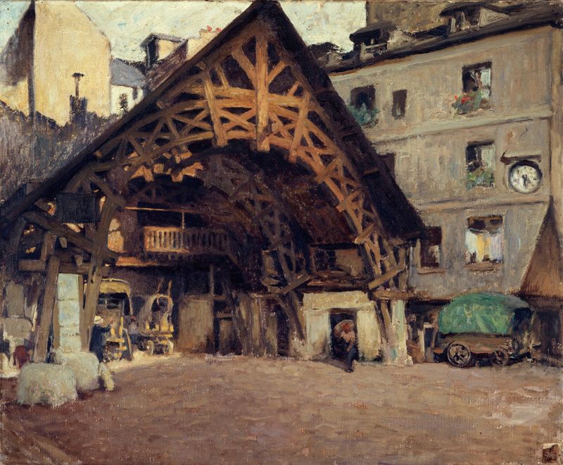 L’Auberge du Compas-d’Or by Henri Dabadie, impressionist oil painting depicting a lively Parisian café.