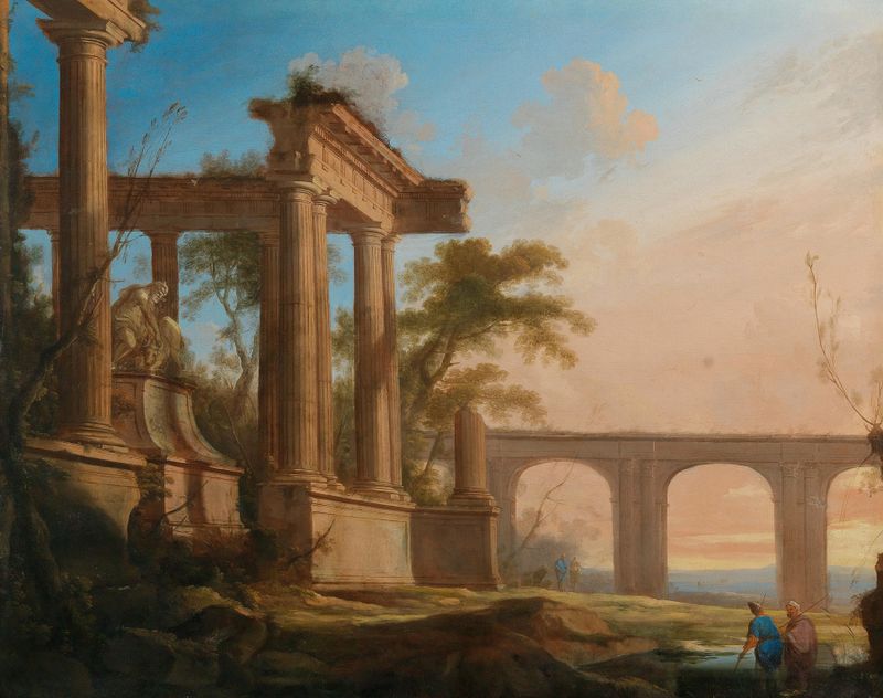 Landscape with ruins and an aqueduct, oil on canvas by Pierre Antoine Patel the younger