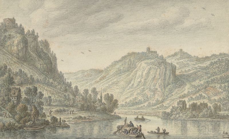 Rijn bij de Drachenfels by Herman Saftleven, oil painting depicting a river landscape with hills.