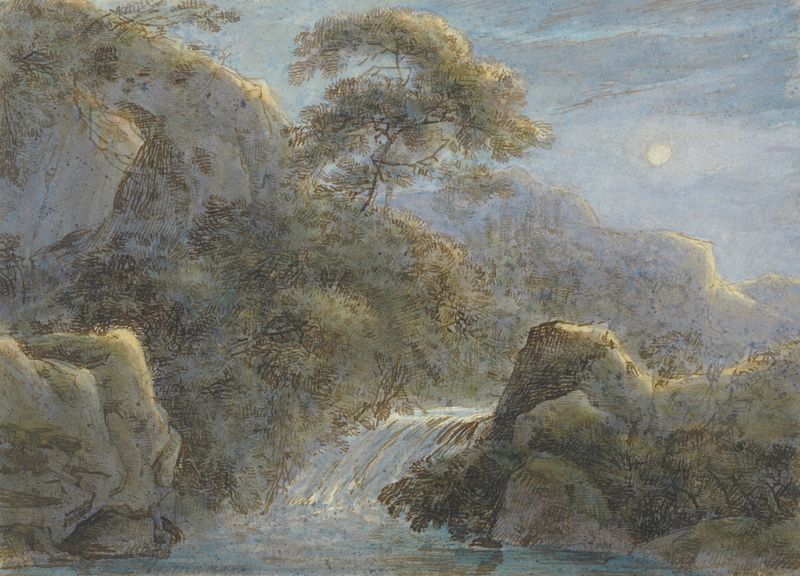 Waterfall in the Mountains by Moonlight, oil painting by Franz Kobell