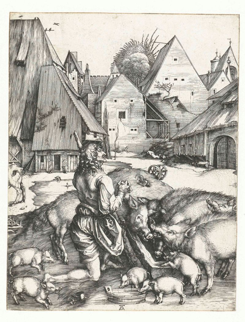 Grabado de Albrecht Dürer que muestra al hijo pródigo entre cerdos