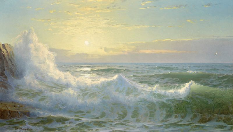 Sunlit Waves de William Trost Richards, pintura a óleo que retrata ondas do oceano brilhando sob a luz do sol