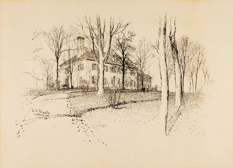 Paisagem de Morristown por Ernest Peixotto, pintura a óleo que retrata uma vila à beira de um rio.