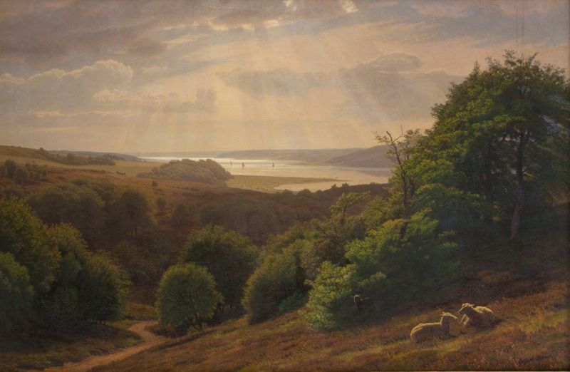 Landscape view of fjord and greenery by Godtfred Rump, oil painting