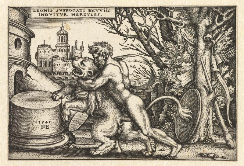 Hércules lutando contra o leão de Nemeia, gravura de Hans Sebald Beham