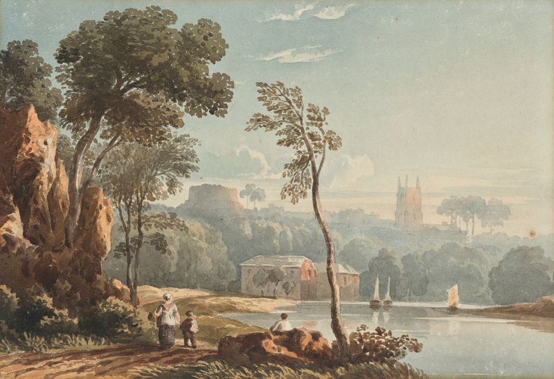 Aquarela de John Varley mostrando o rio Dart e folhagem exuberante.