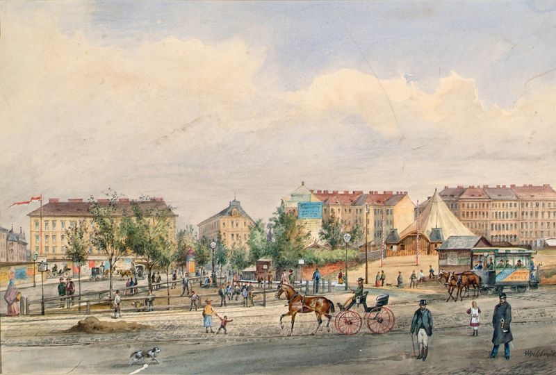 Genre scene depicting a bustling street in Vienna by Ferdinand Weckbrodt, 1895.