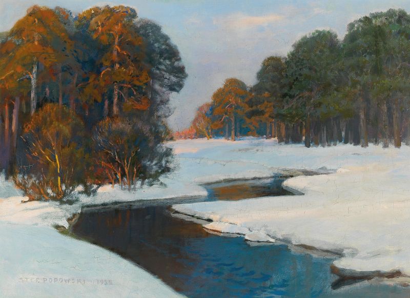 Winter landscape in evening light, oil on canvas by Stefan Popowski