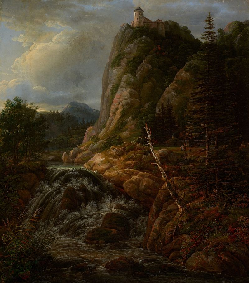 Paisaje nórdico con un castillo al atardecer, óleo sobre lienzo de Johan Christian Dahl