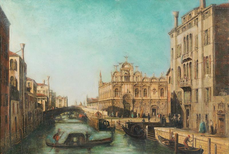 Venetian Scene by Francesco Zanin, oil on canvas depicting water reflections and architecture.