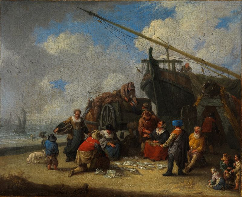 Cena de gênero de um movimentado mercado de peixes na praia por Pieter Bout, pintura a óleo