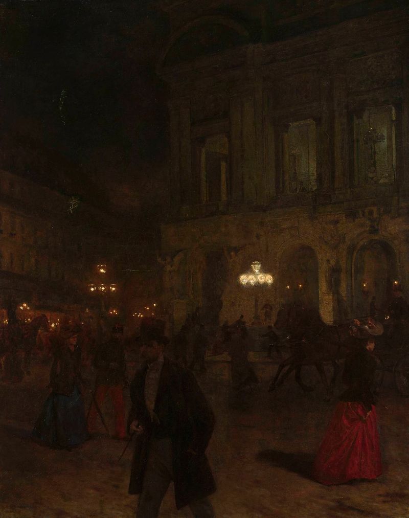 Paris Opera at night, oil painting by Aleksander Gierymski showing the illuminated opera house.