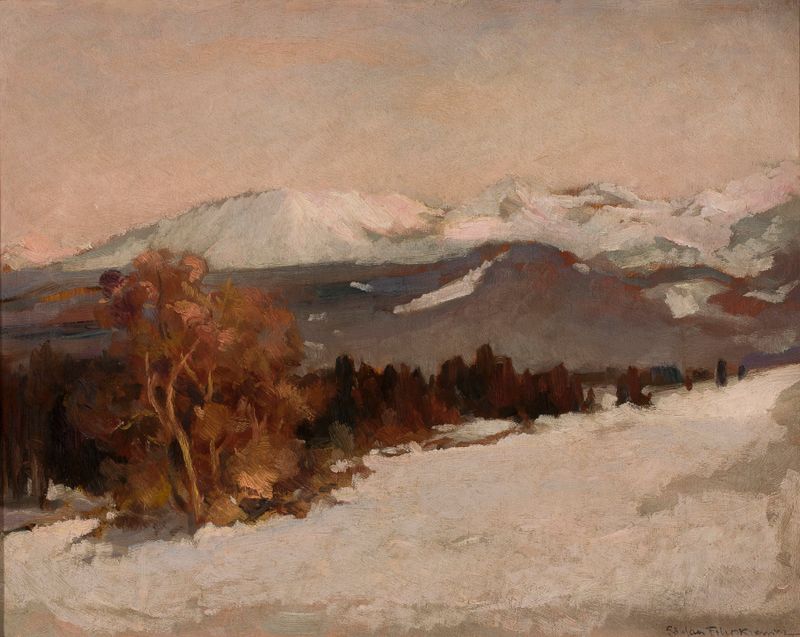 Paisagem de montanha no inverno por Stefan Filipkiewicz, pintura a óleo com picos cobertos de neve e céu azul.