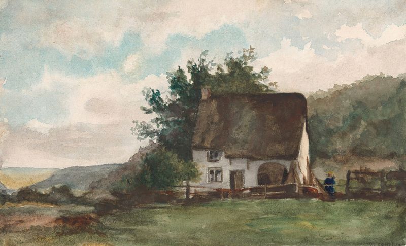Obra de realismo de Nicaise De Keyser mostrando uma casa cercada pela natureza e luz do sol.
