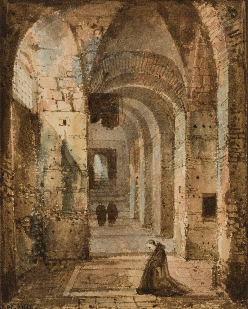 Figurative scene of a kneeling hermit in robes by François-Marius Granet, oil painting