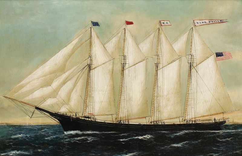 Schooner de quatro mastros navegando no oceano, óleo sobre tela de William Pierce Stubbs