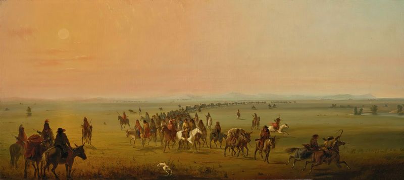 Caravan En Route oil painting by Alfred Jacob Miller depicting a caravan in a sunlit landscape.