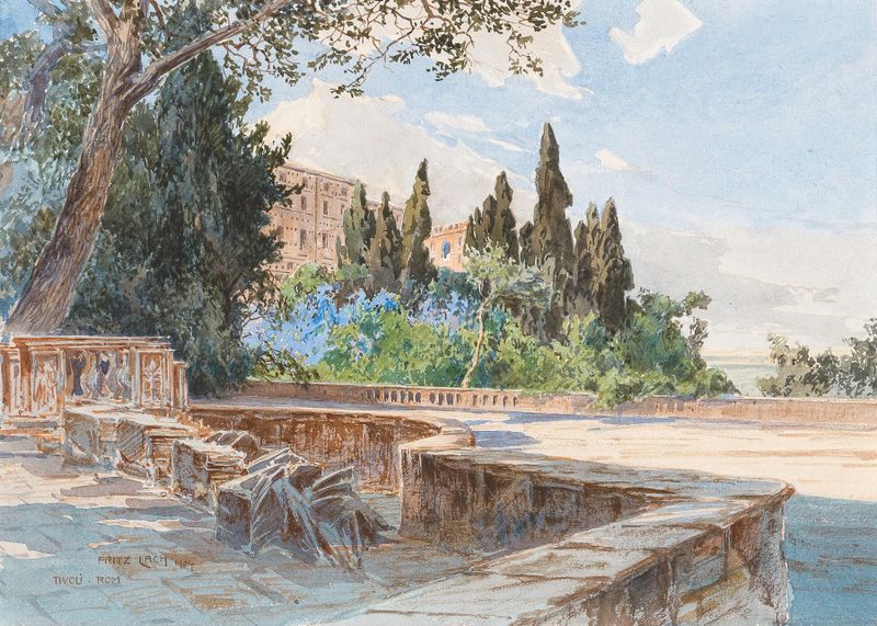 Tivoli, Rom de Fritz Lach, óleo que representa un paisaje sereno y vegetación exuberante.