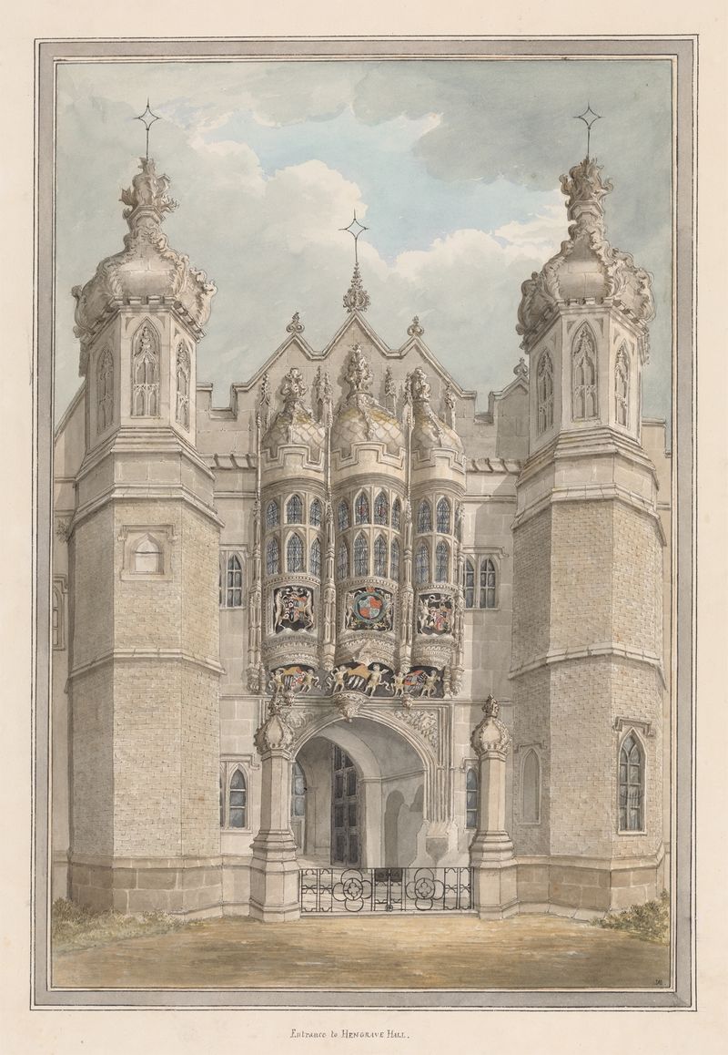 A Entrada para Hengrave Hall de Anna Mills, pintura a óleo que retrata uma entrada ornamentada com folhagem.