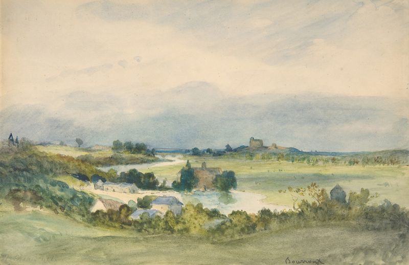 Extensive landscape prospect with a fortified building, oil on canvas by Antoine Chintreuil