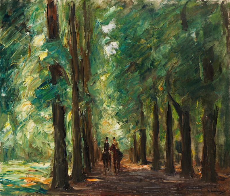 Dois cavaleiros em um caminho iluminado pelo sol, óleo sobre tela de Max Liebermann