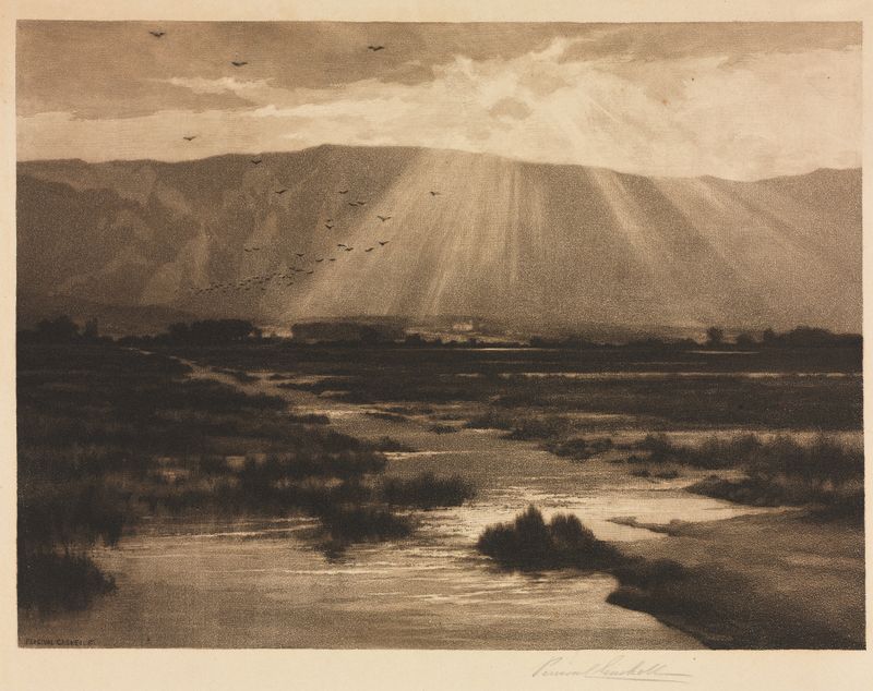Paisaje óleo de George Percival Gaskell que representa colinas y follaje vibrante