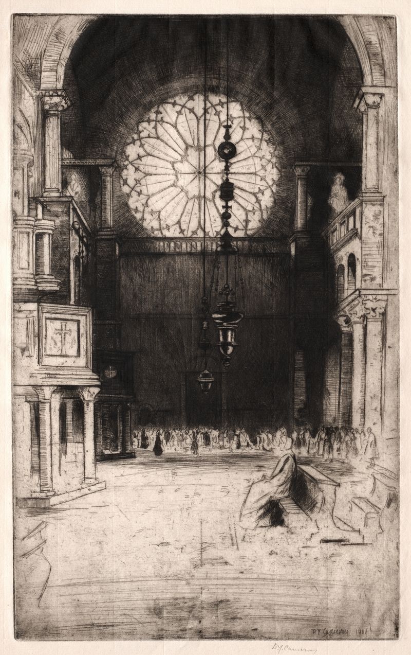 Escena interior con arcos y vitrales de David Young Cameron, 1900