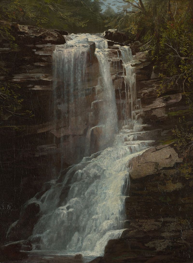 Waterfall de Homer Dodge Martin, óleo sobre lienzo que representa una cascada en un paisaje sereno.