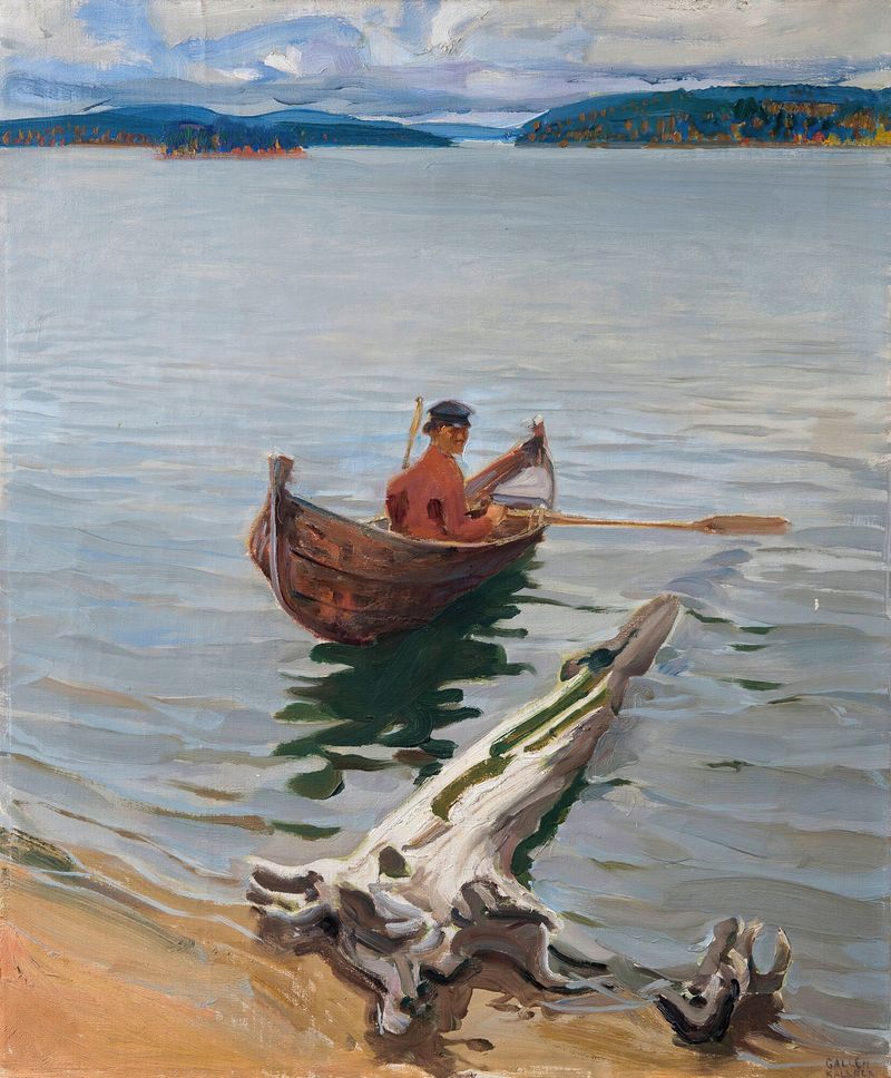 Rower on the lake de Akseli Gallen-Kallela, impresionismo, representa una figura solitaria deslizándose por un lago sereno
