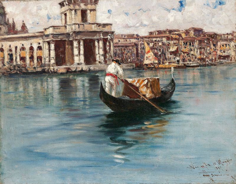 Canal Grande de Francesco Mancini, impresionismo, que representa un paisaje sereno de canal con reflejos en el agua.