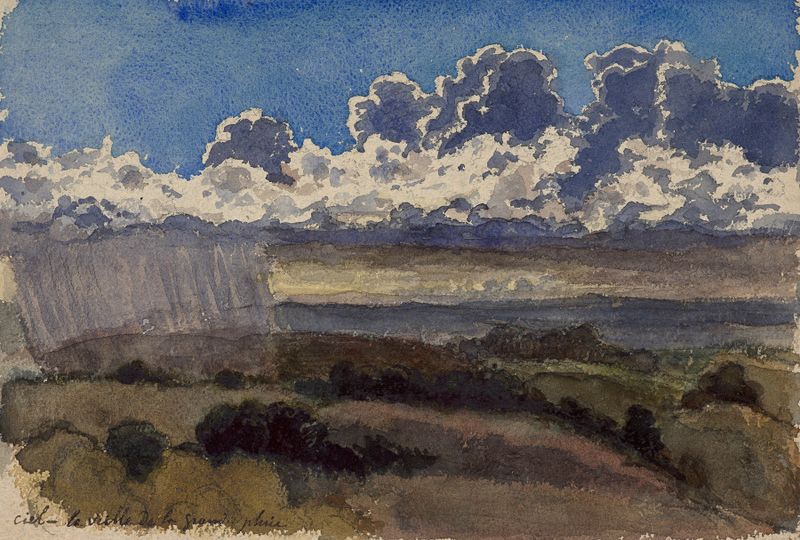 Engraving by Félix Bracquemond depicting a stormy coastline with gray clouds.