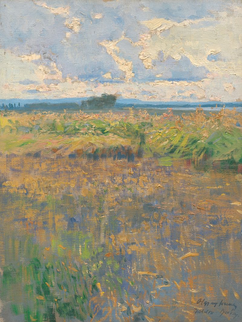 Pintura a óleo de Ferenc Olgyay retratando um prado tranquilo com verdes e amarelos suaves.