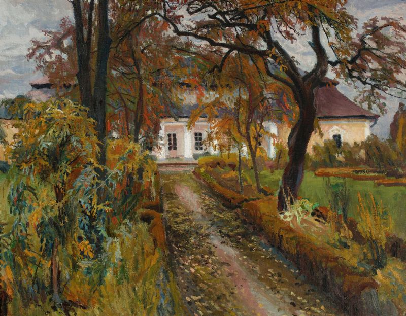 Oil painting of a manor house in autumn by Stanisław Kamocki
