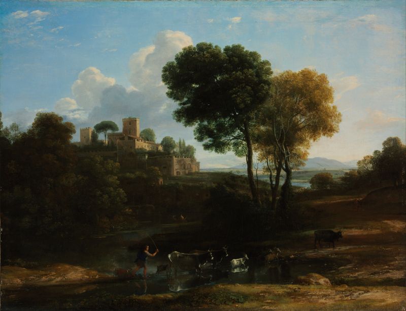 Villa na Campagna Romana de Claude Lorrain, pintura a óleo que retrata uma paisagem exuberante com uma villa.