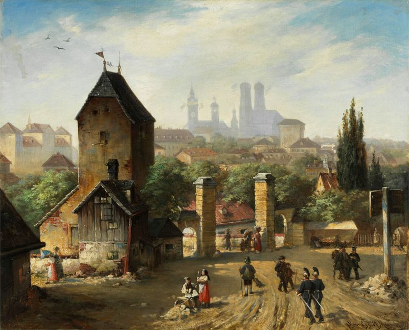 Paisaje urbano de Múnich por Sigmund Eggert, óleo que destaca techos y nubes suaves.