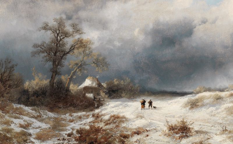 Returning Home in a Winter Landscape, óleo sobre lienzo de Remigius Adrianus van Haanen