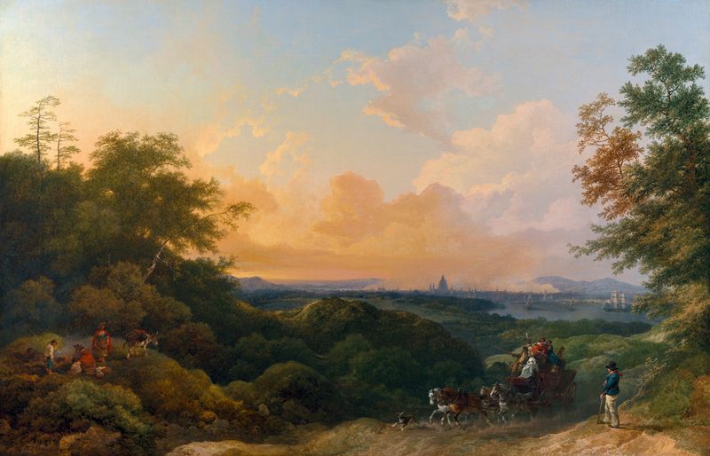 The Evening Coach, una pintura al óleo de Philip James de Loutherbourg, muestra un carruaje al atardecer.
