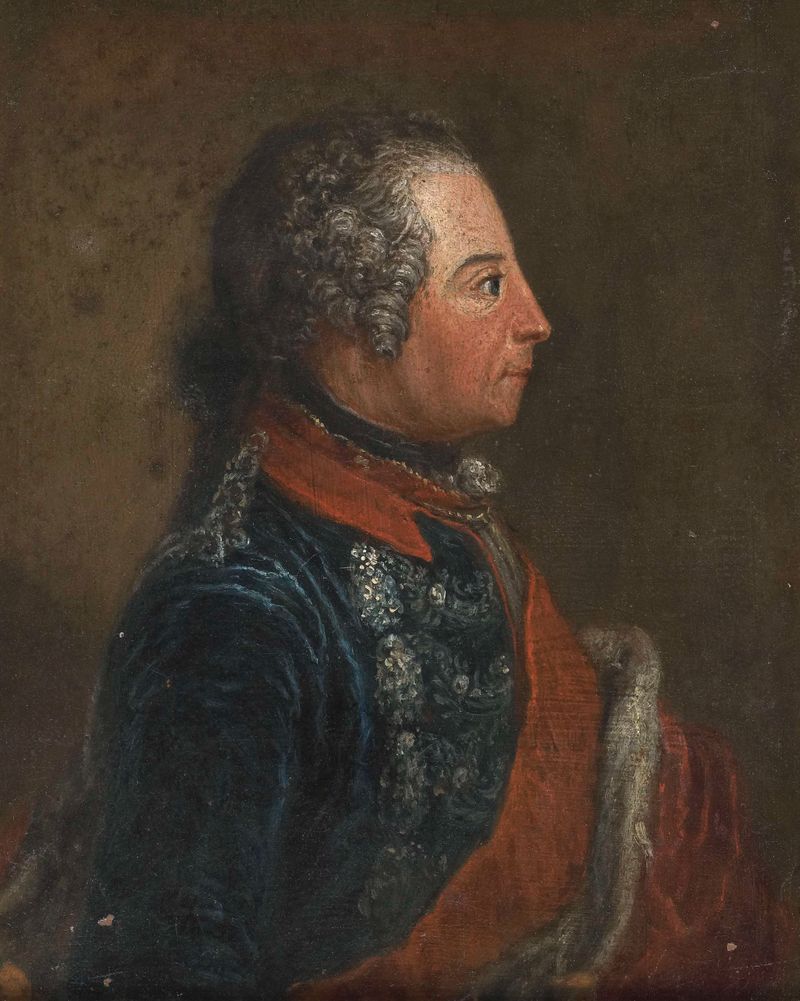 Retrato de Frederik II de Grote, rey de Prusia, medio cobre, artista desconocido