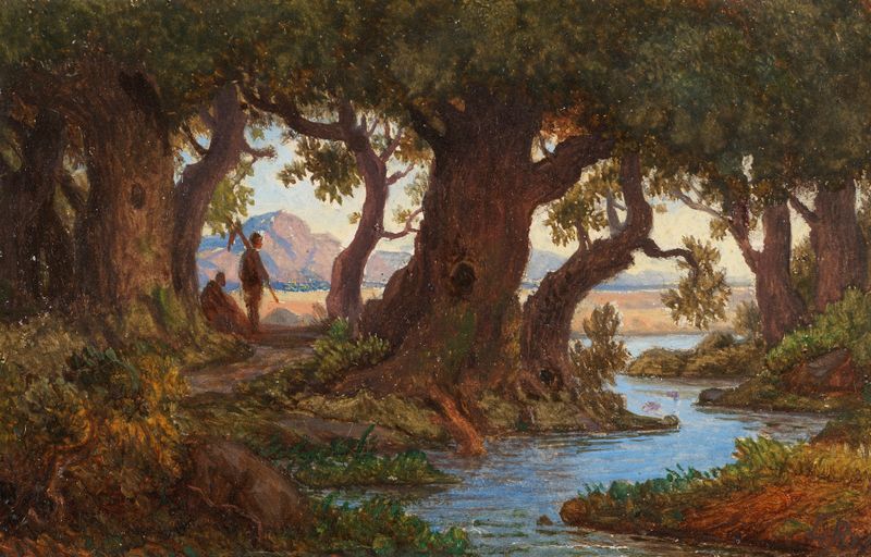 Italienische Flusslandschaft by Adrian Ludwig Richter, oil painting depicting a serene river landscape.