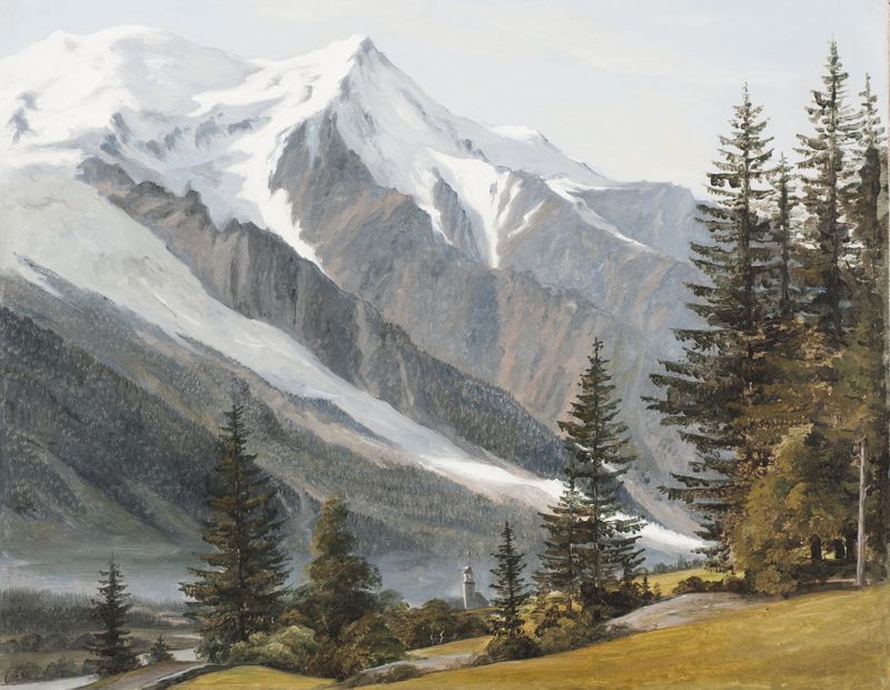 Vy mot Chamonix-Mont-Blanc de Martinus Rørbye, pintura al óleo que representa montañas y cielo.