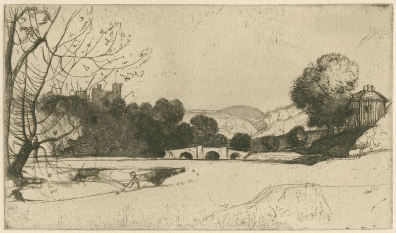 On the Wye at Haddon de David Young Cameron, aquarela sobre papel representando uma paisagem fluvial