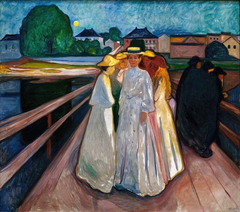 On the Bridge de Edvard Munch, óleo sobre lienzo, presenta una figura solitaria en un puente.