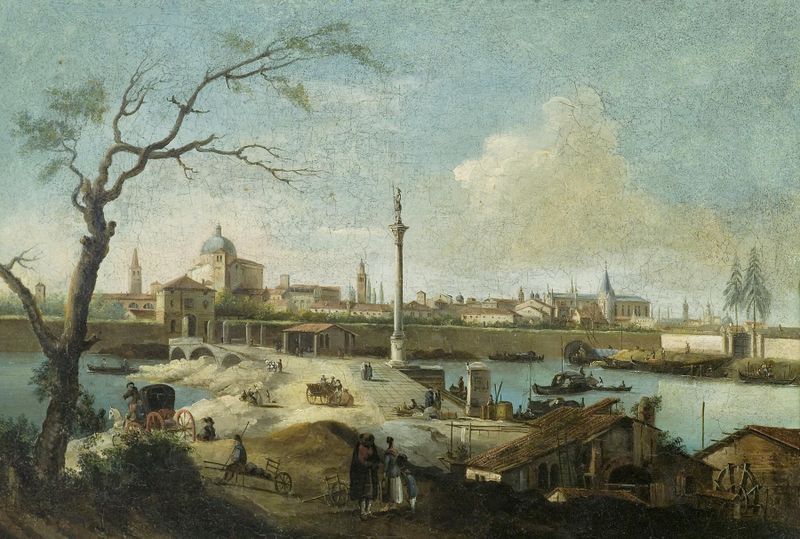 Landscape of Padua with domes under a cloudy sky, oil painting by Giuseppe Bernardino Bison