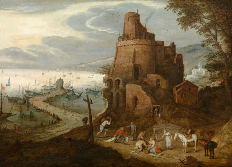 Escena marina que muestra pescadores en un bote, pintura al óleo de artista desconocido