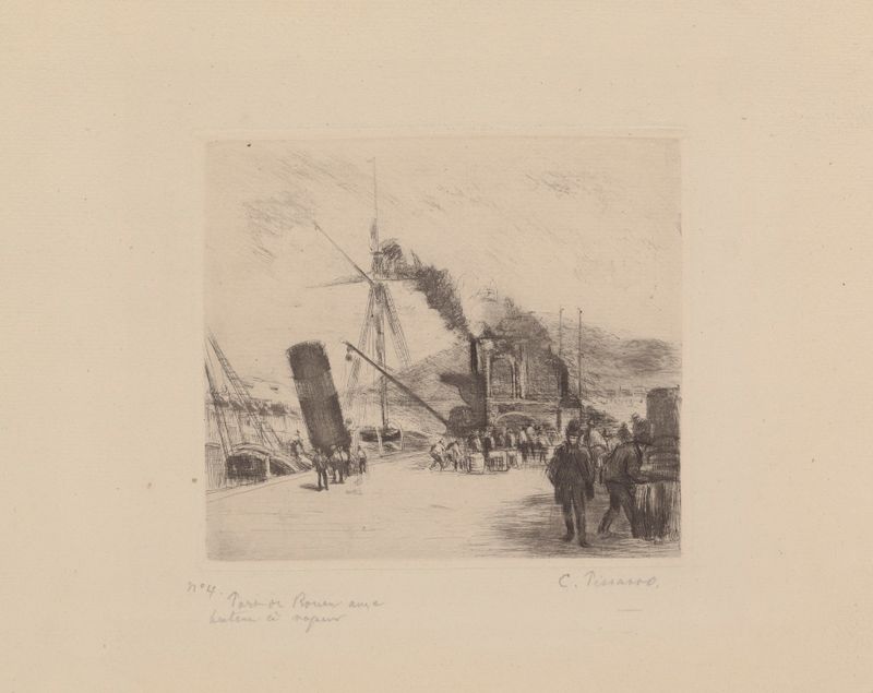 Port de Rouen avec bateau à vapeur, óleo sobre lienzo de Camille Pissarro